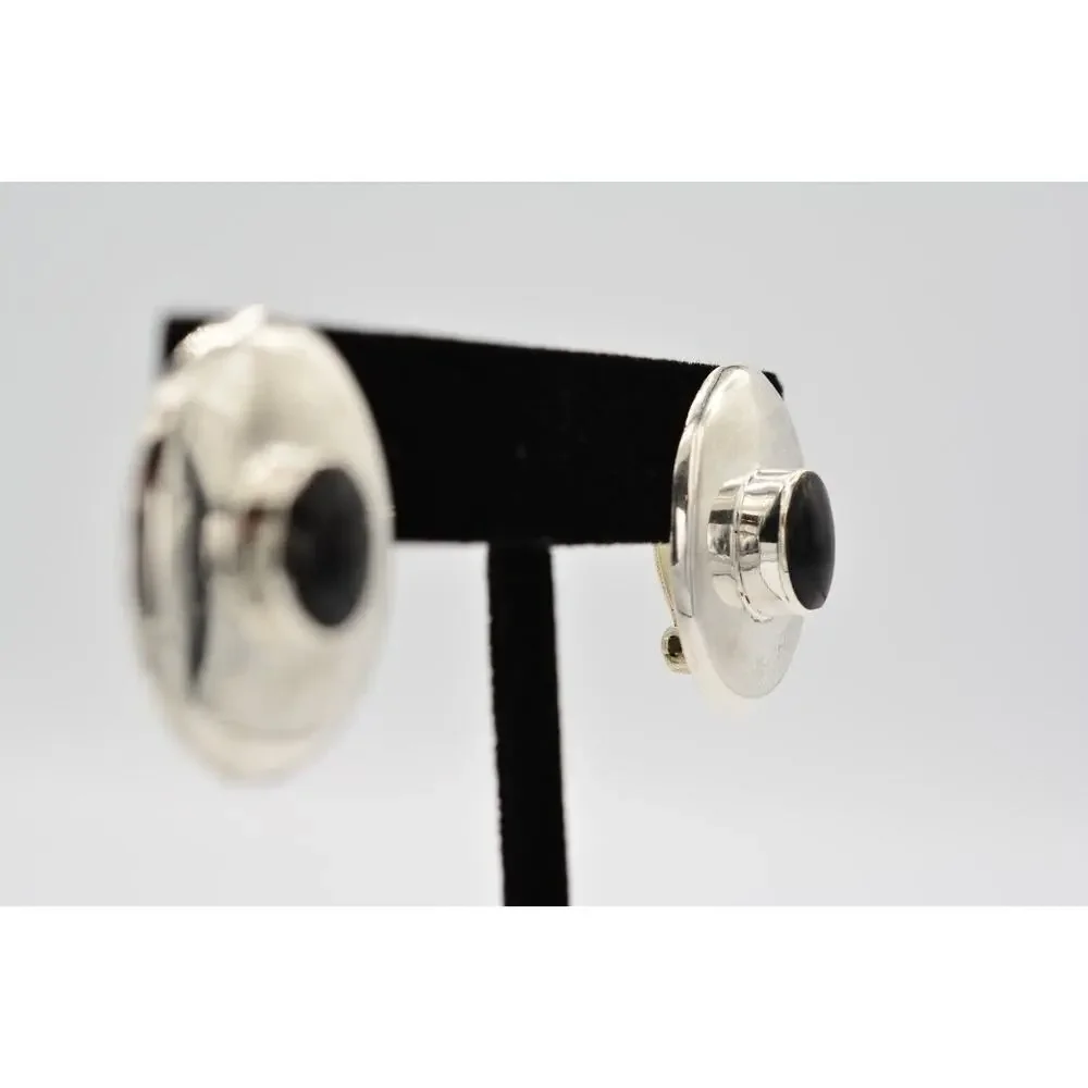 Taxco Vintage Clip On Earrings 925 Sterling Silver TC-288 Tribal Signed 1980s 9H